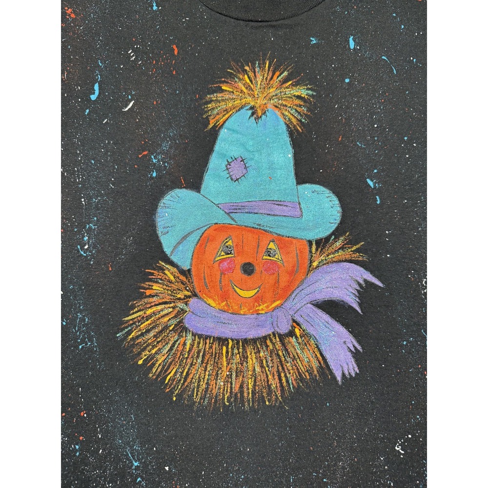Vintage Pumpkin Scarecrow Shirt Mens XL Black Glitter Halloween Art 90s USA Tee - Picture 2 of 16